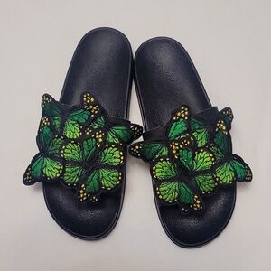 Black Slides Green Butterflies sz 7 (or 6.5)